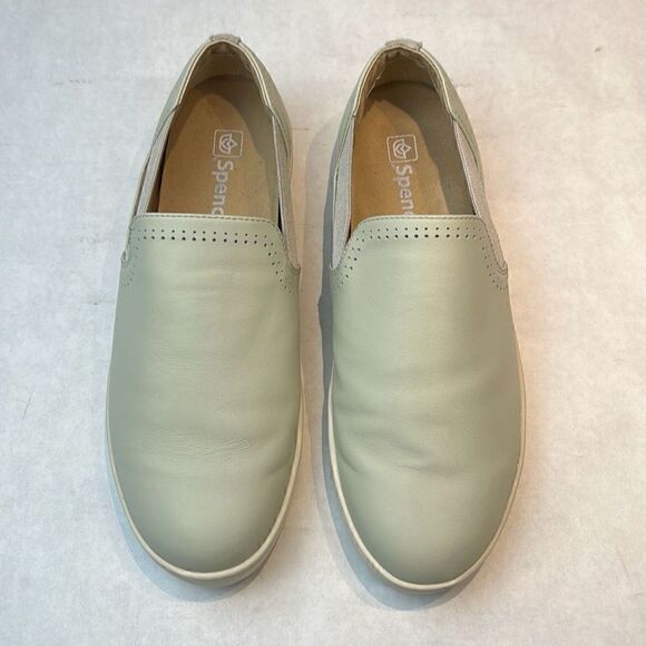 Spenco Parker Slip-On Shoes Leather Orthotic Sz 10D Oyster Lt Gray Stretch Panel - Picture 2 of 8